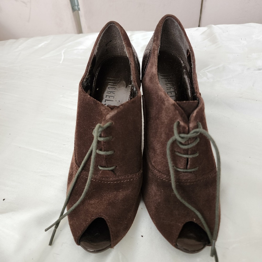 Nickels Brown Suede Peep Toe Lace Up Booties Croc Embossed Heel 8.5